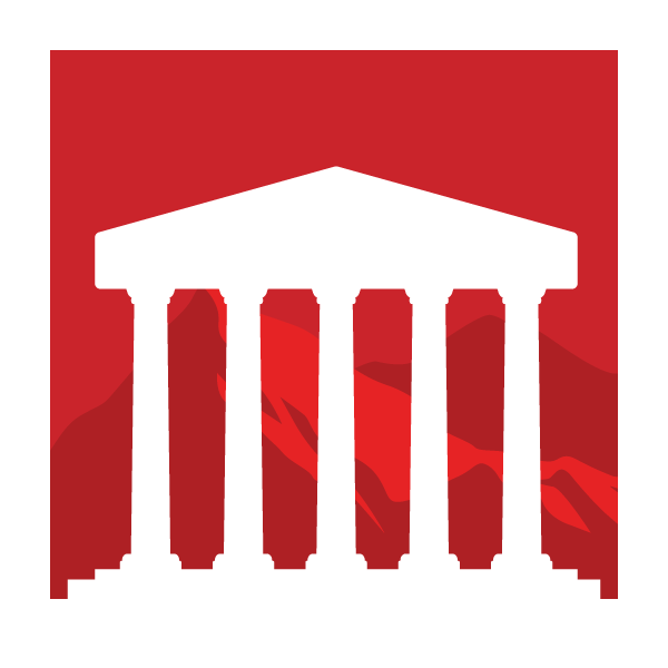 White classical courthouse icon on a red background