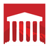 White classical building icon on a red background - Olympian Co Packing HOME