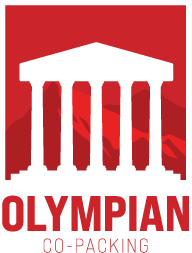 Olympian Co-Packing logo with red temple icon and white text on a red background