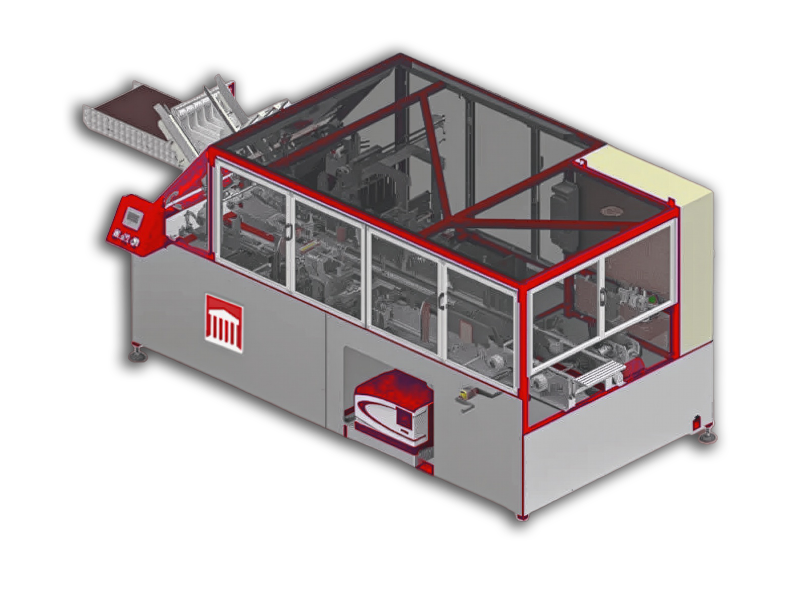 Industrial machine with red frame and gray enclosure, shown in a transparent cutaway view