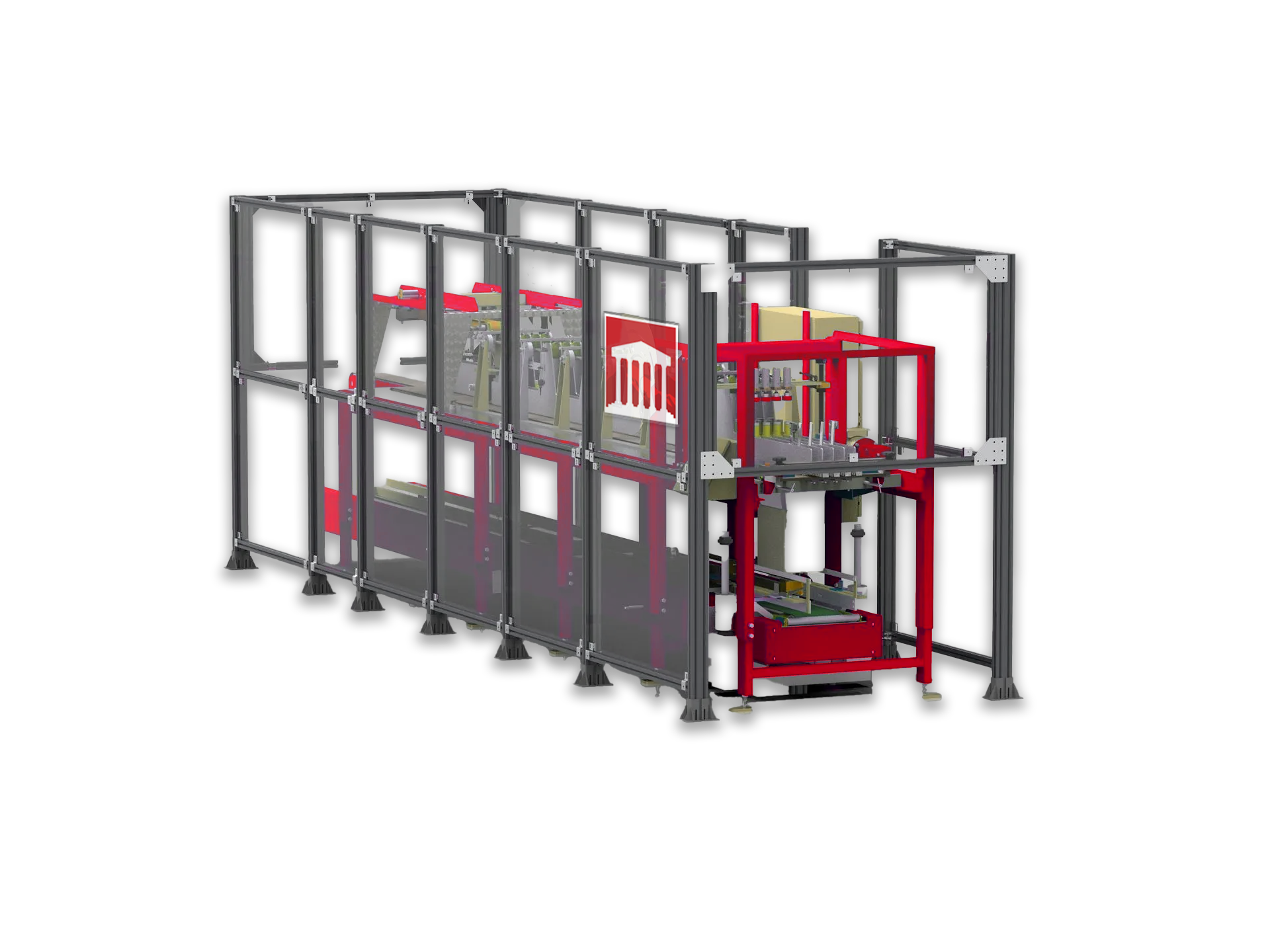 Industrial machine enclosed in a gray metal frame with red components on a white background