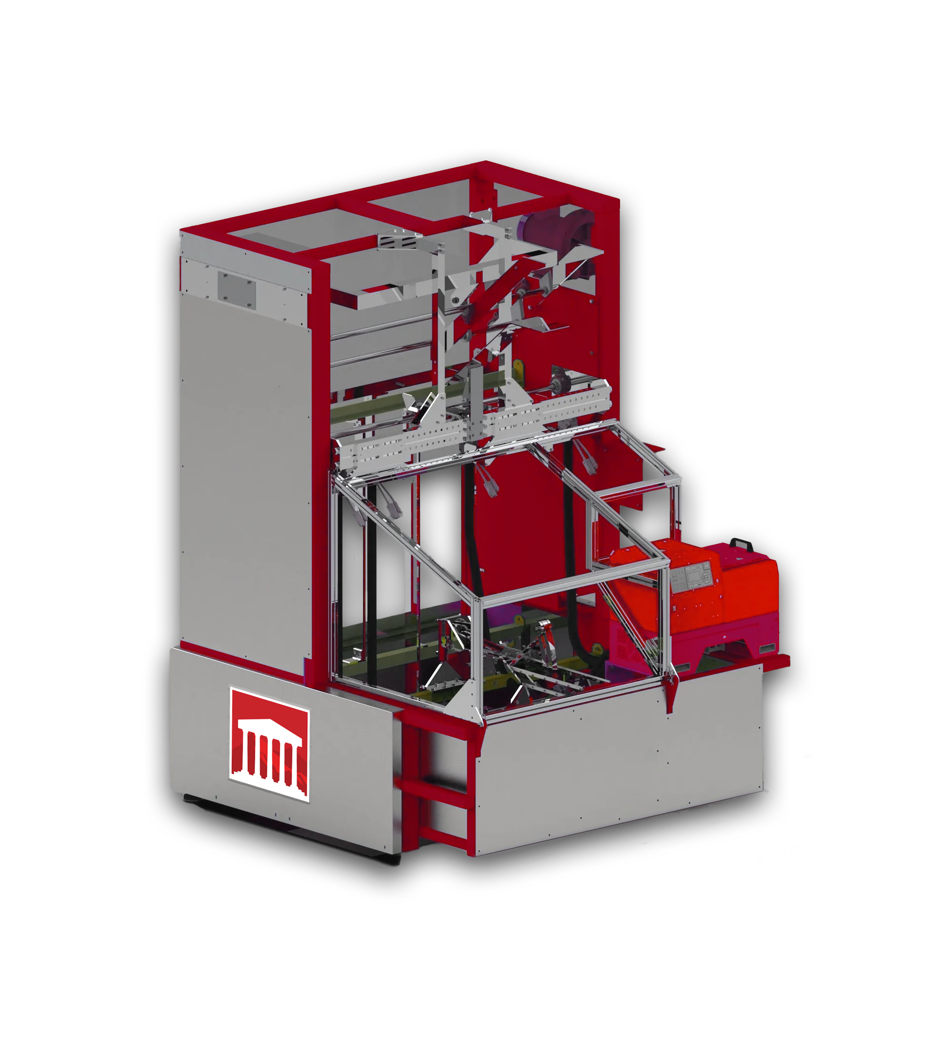 Red and gray industrial machine enclosure with exposed mechanical components and control panel