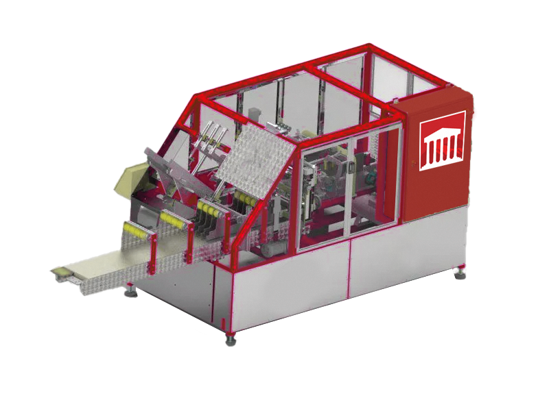 Red industrial machine with conveyor belts and clear safety enclosure on a white background