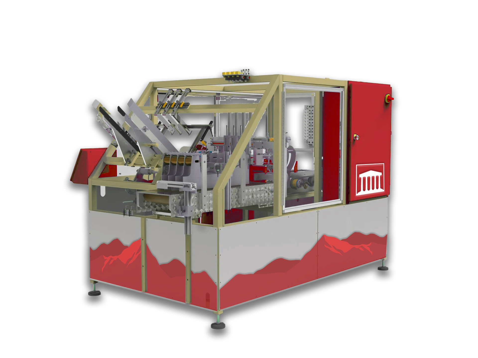 Industrial packaging machine with red and silver panels and metal arms on a white background