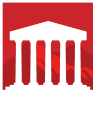 White courthouse icon on a red square background