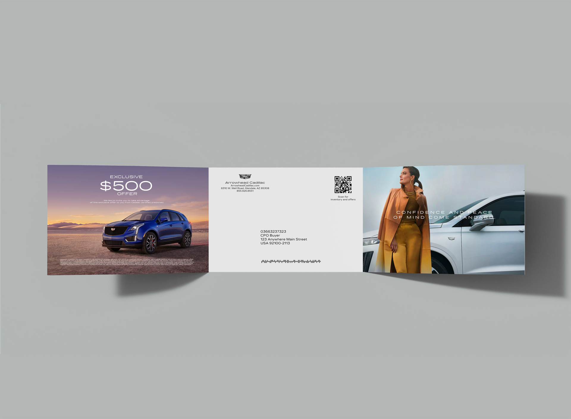 Three-panel brochure: blue car at sunset, centered logo text, and a person beside a silver car