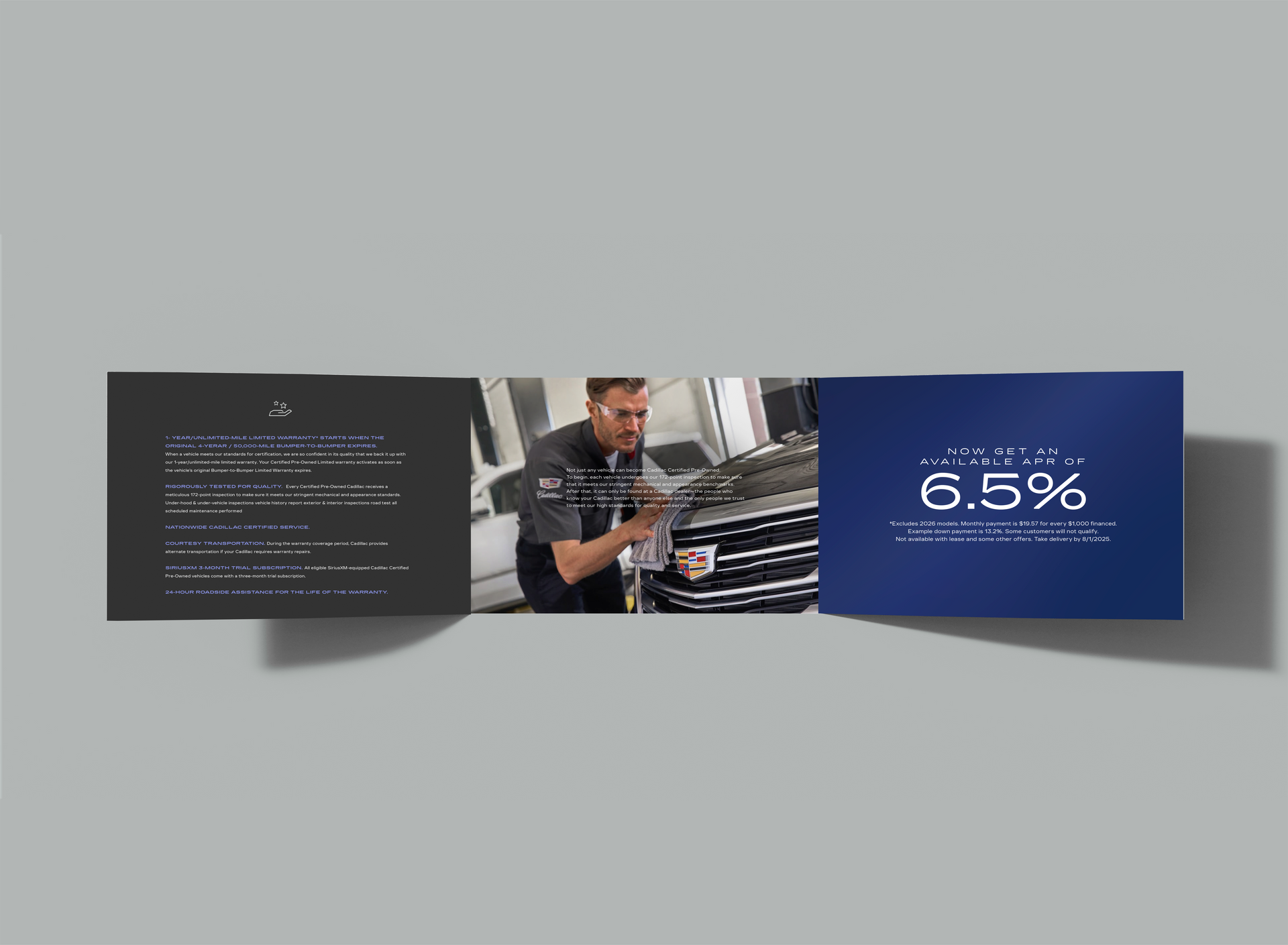 Three-panel car service brochure with mechanic photo and bold blue panel reading 6.5% APR
