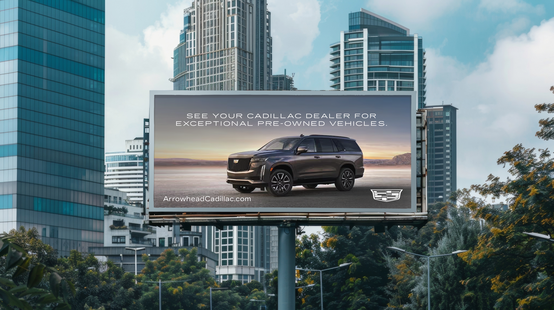 Billboard ad for a black SUV in a city skyline, with a sunset backdrop.