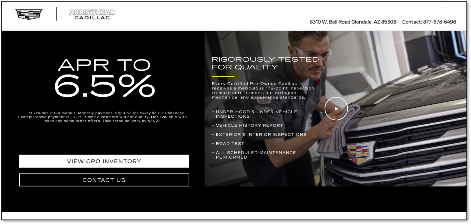 Car dealership ad with man beside a black SUV, offering APR as low as 6.5% and a visit-to-test-drive button