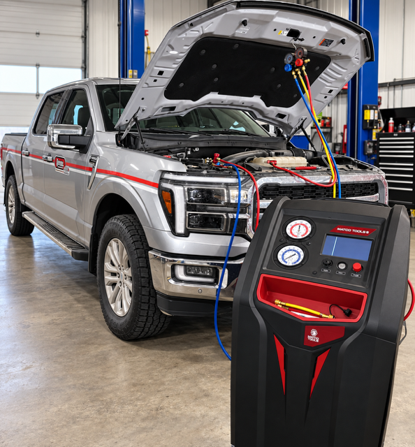 Silver pickup truck with hood open, connected to an automotive service machine in a garage