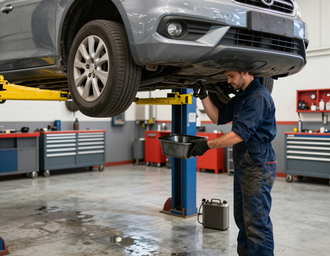 Mechanic performing an oil change in an auto repair shop in Huntersville, NC