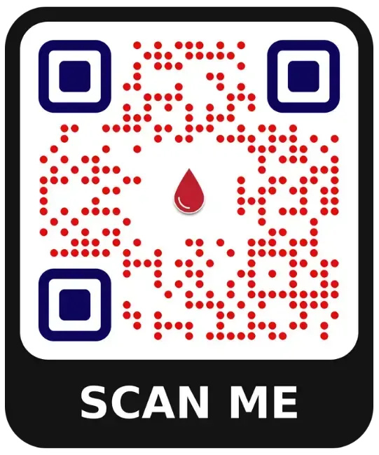QR code with red dots and blue corners above “SCAN ME” text on a black background