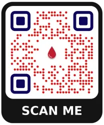 QR code with red dots and blue corners above “SCAN ME” text on a black background