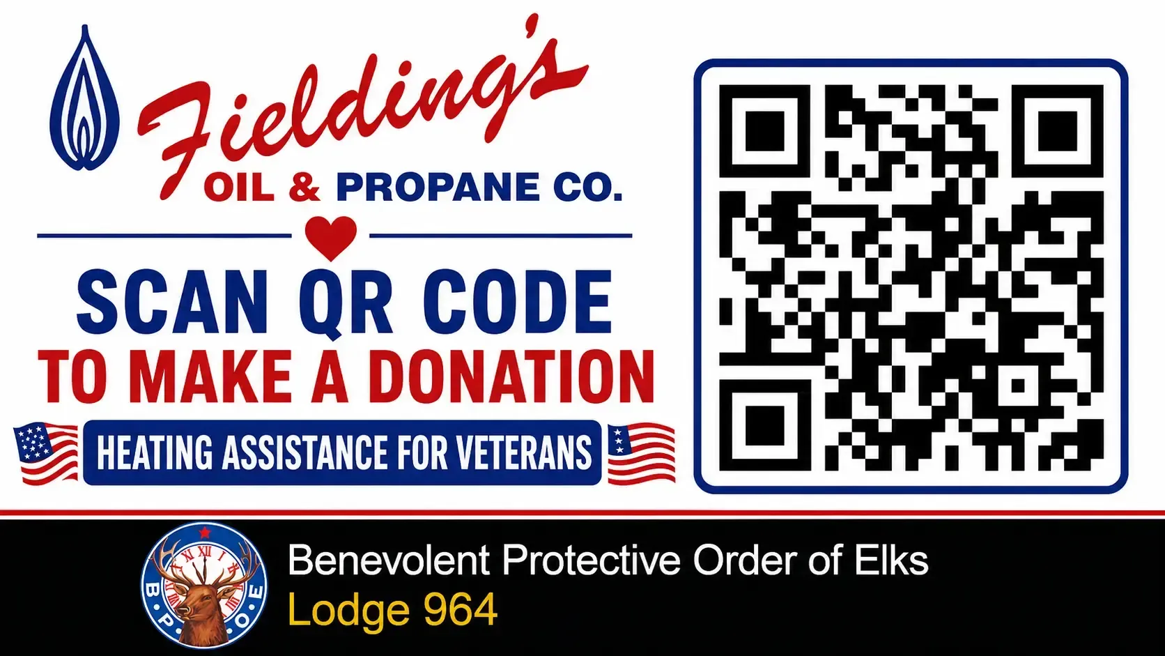 Fielding’s Oil & Propane donation banner with QR code for veterans’ heating assistance and Elks Lodge 964 logo