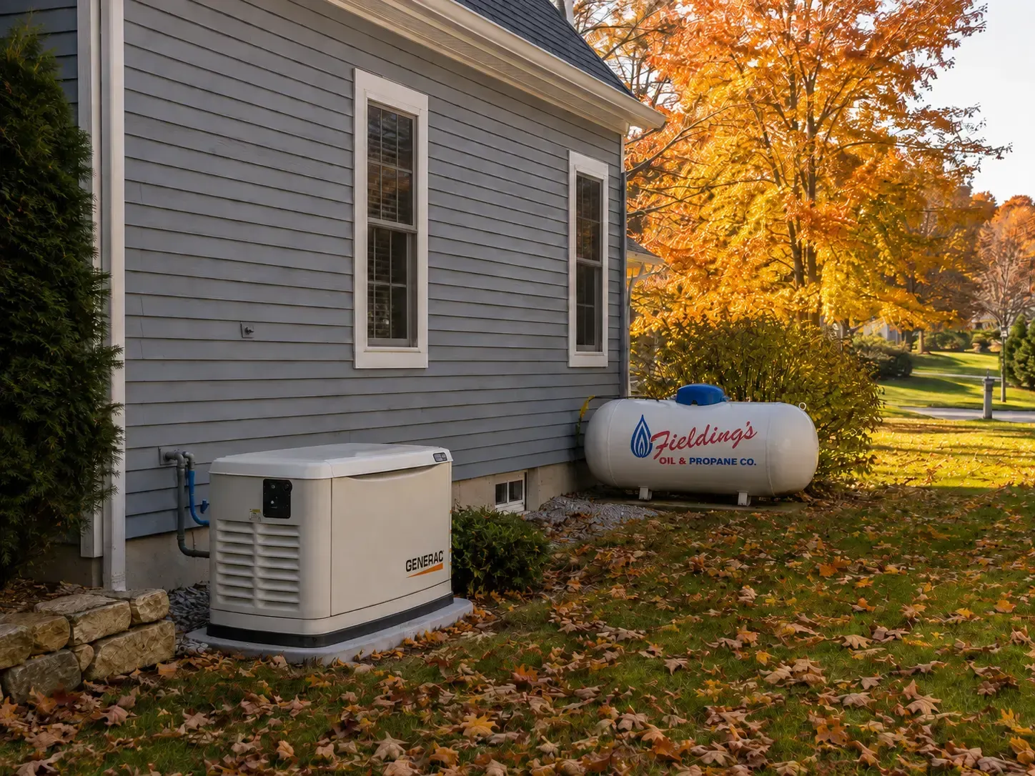 Gray house with two white outdoor tanks beside it, on a leaf-covered lawn in autumn.