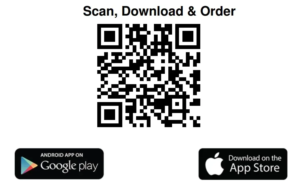 QR code with “Scan, Download & Order” text and Google Play and App Store badges below
