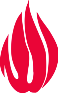 Red flame-shaped logo on a white background