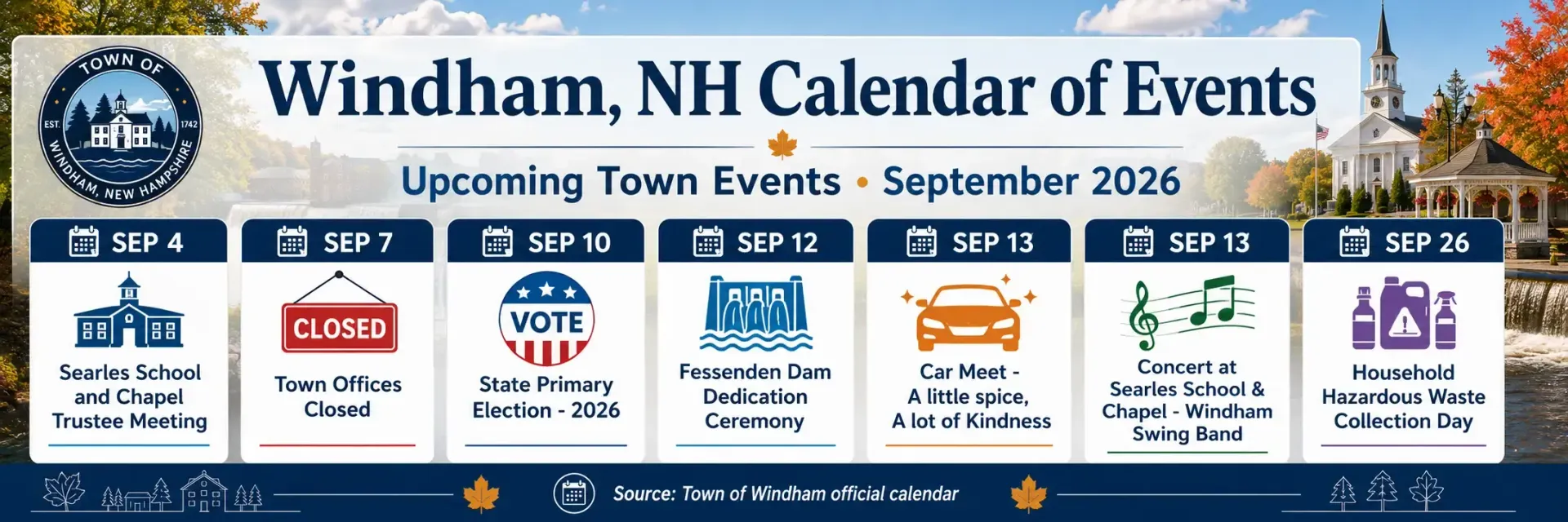 Windham, NH calendar of events banner with monthly event icons and September 2026 dates