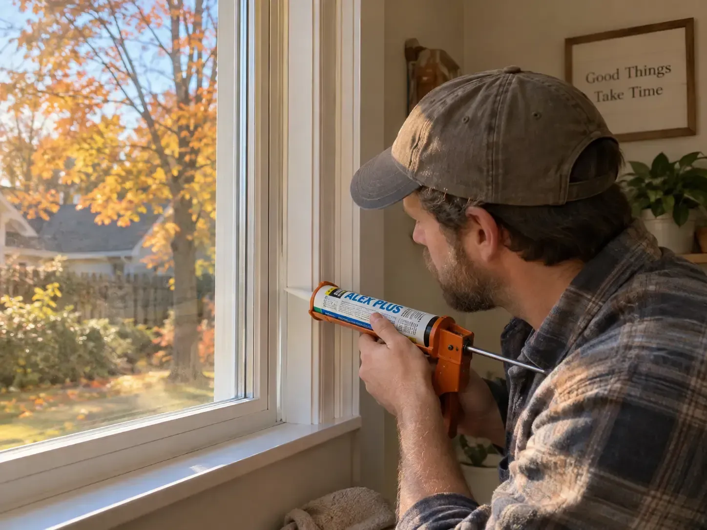 Man playing a guitar by a window, looking out at autumn trees outside.