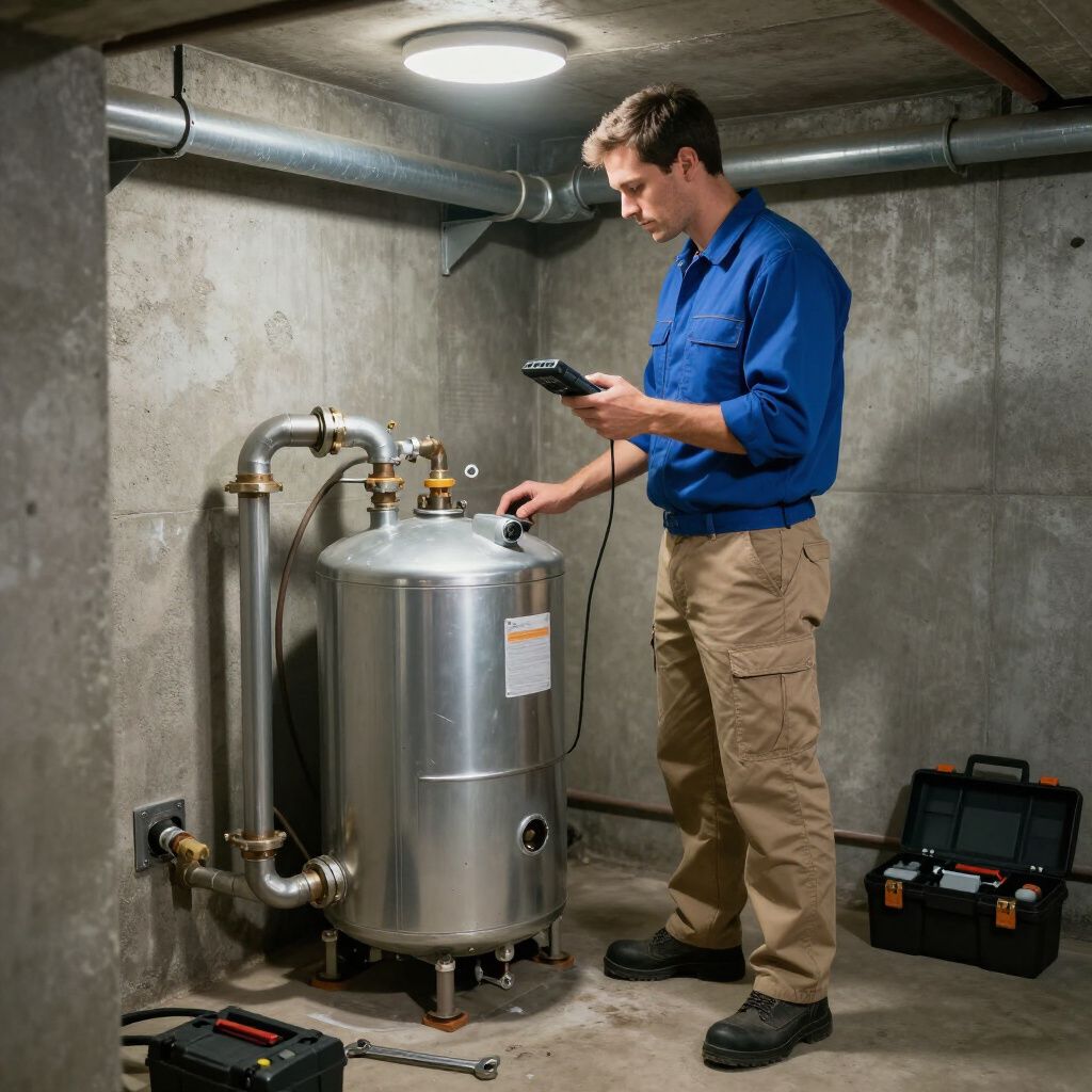 Technician inspecting a water heater in a basement utility room using a handheld device.