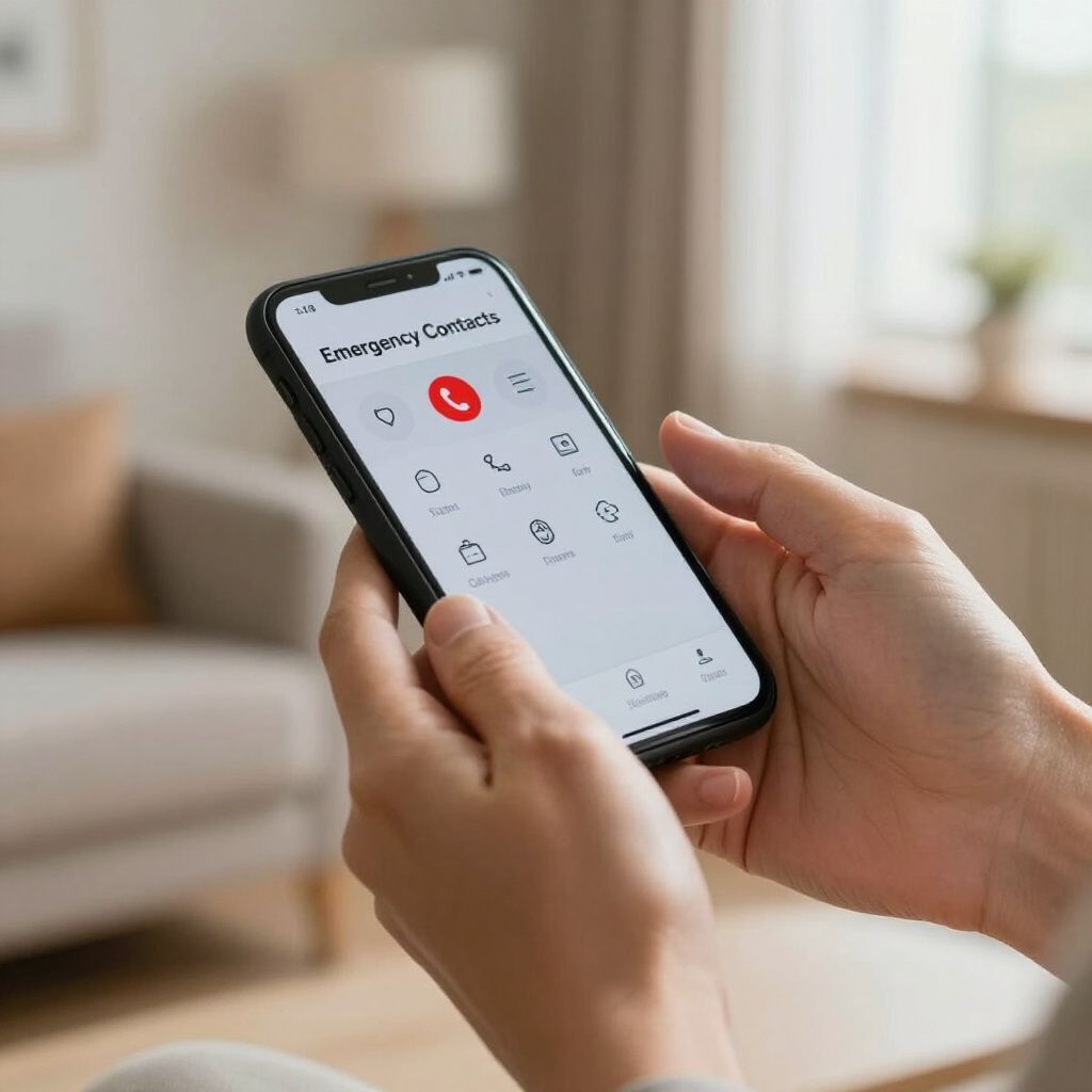 Hands holding a smartphone on a call screen in a bright living room