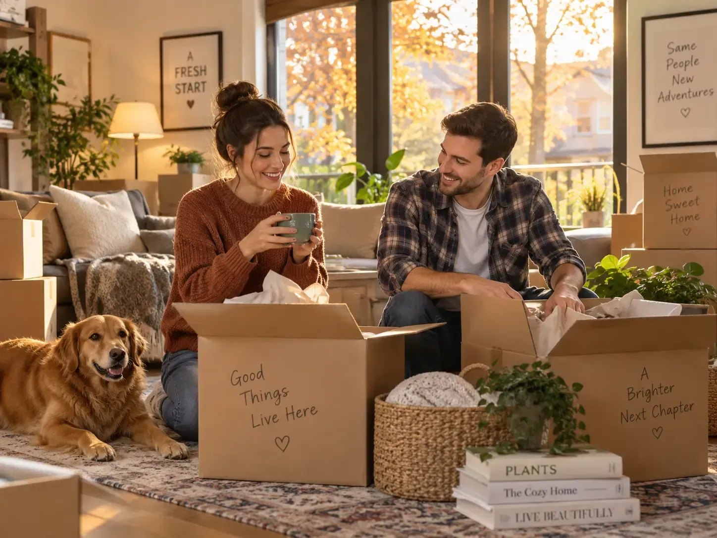 Young couple packing boxes in a cozy living room with a dog, surrounded by plants and warm sunlight.