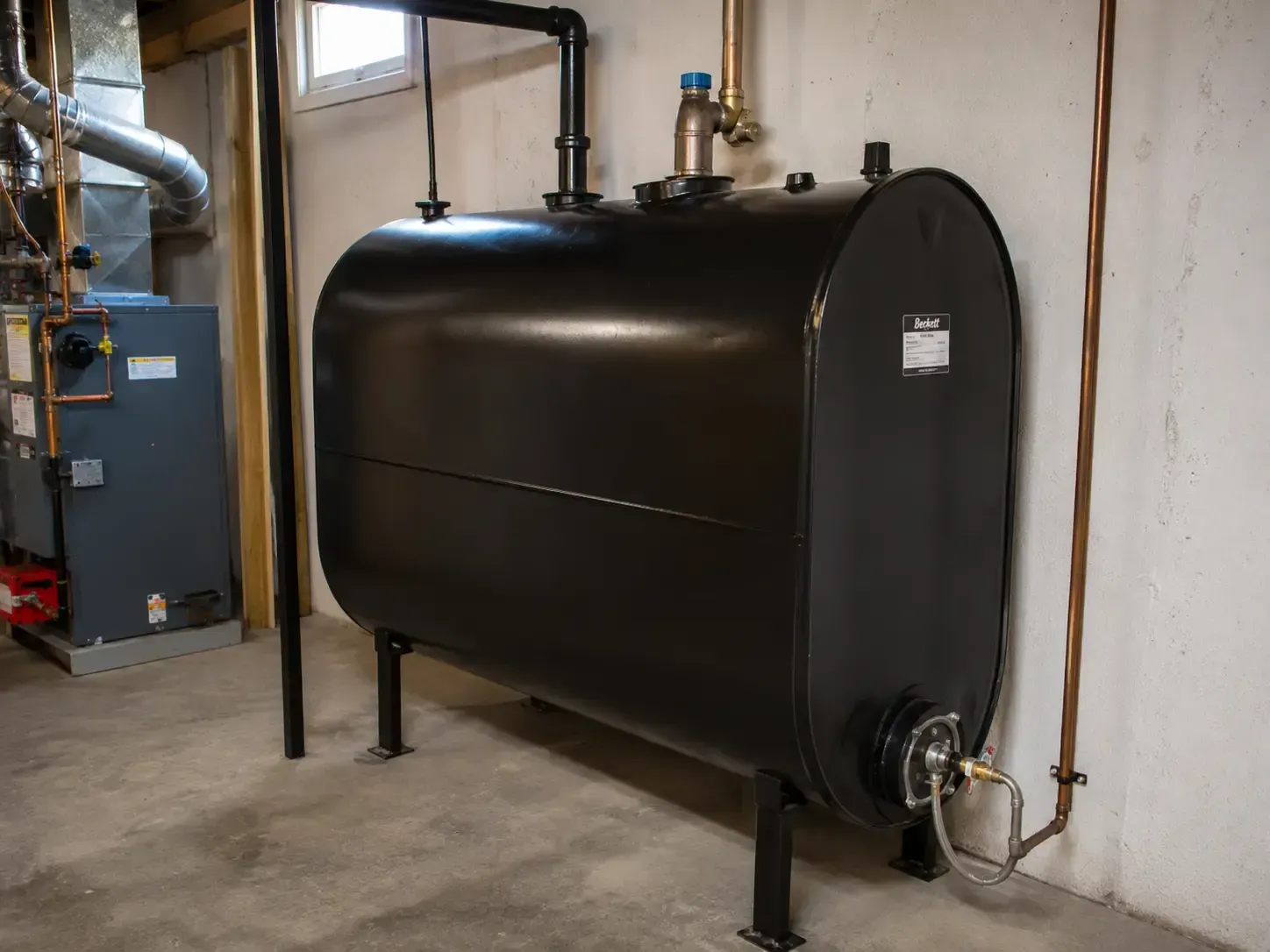 Large black horizontal storage tank with pipes in a utility room