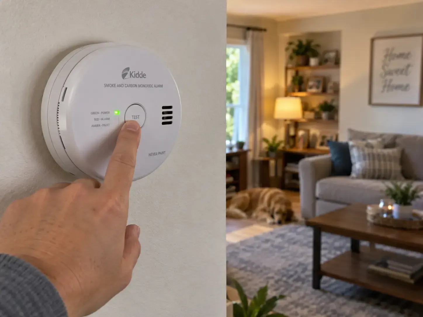 Hand pressing a smoke detector on a wall in a cozy living room