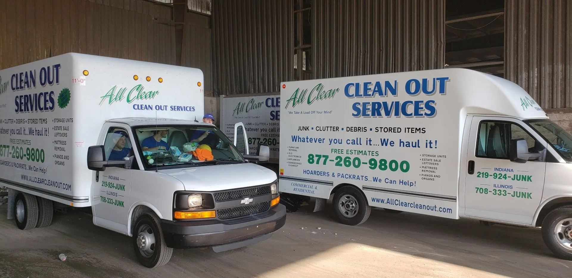 Two White Trucks — Chicago, Suburbs, & Northwest Indiana — All Clear Clean Out & Junk Removal Services
