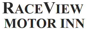 RaceView Motor Inn sign in black serif text on a light background