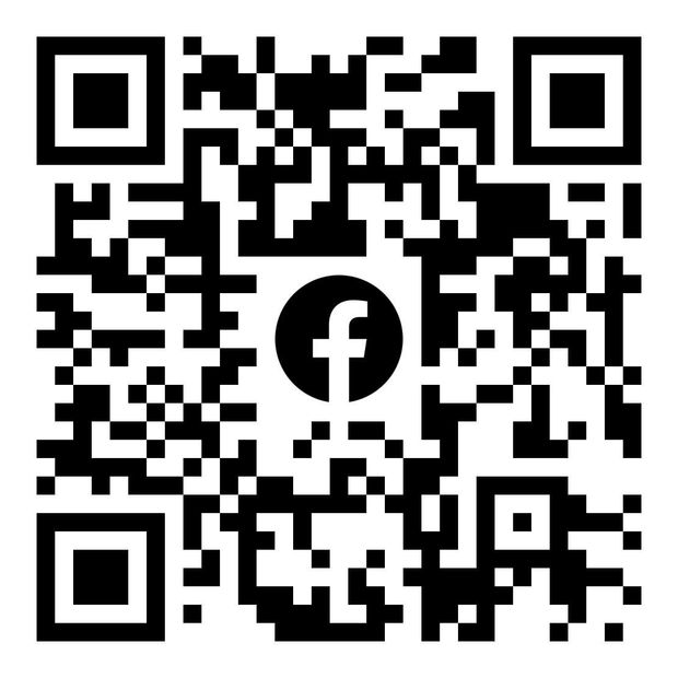 Black-and-white QR code with a Facebook logo in the center