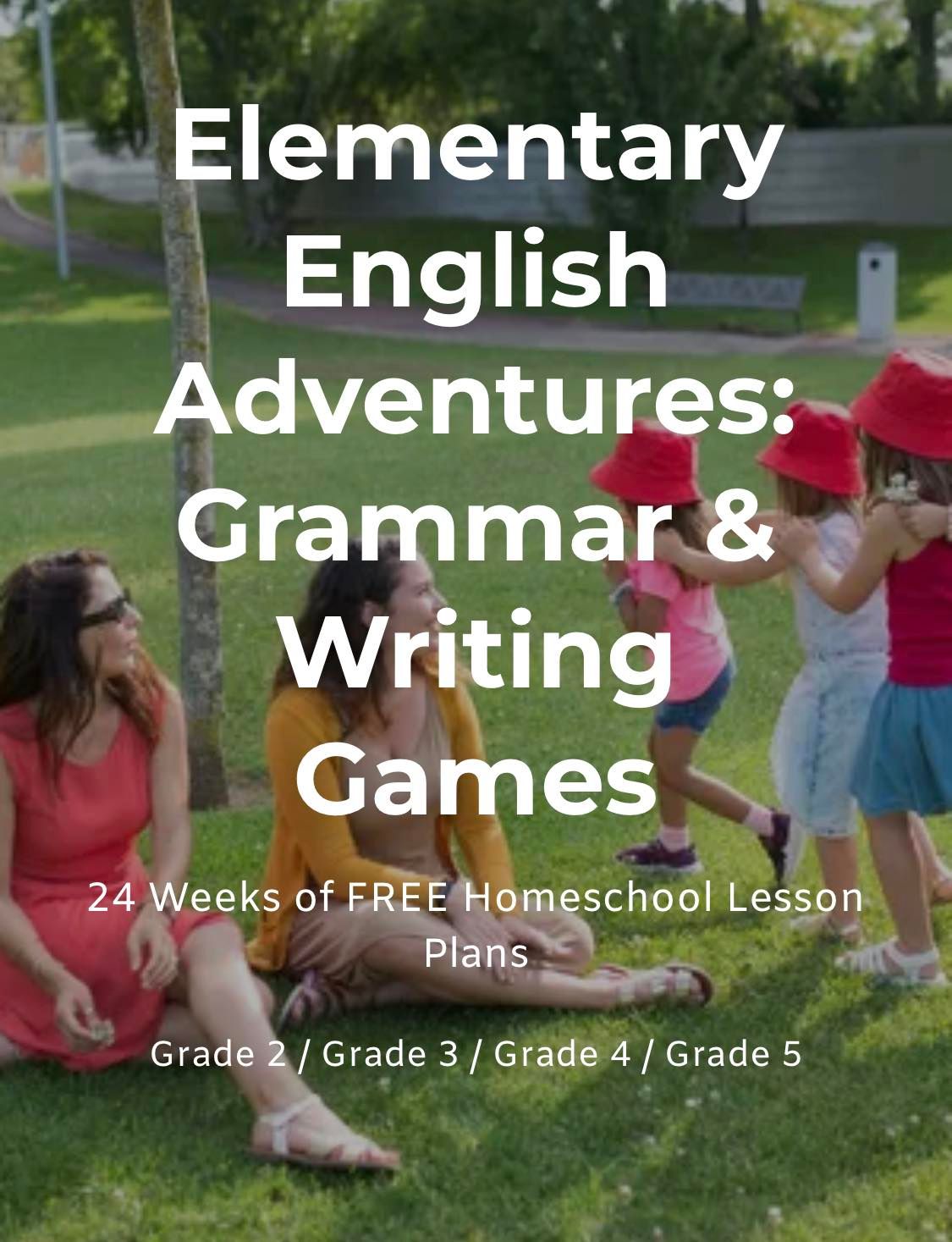 Elementary English Adventures grammar and writing games poster with children outdoors on grass.
