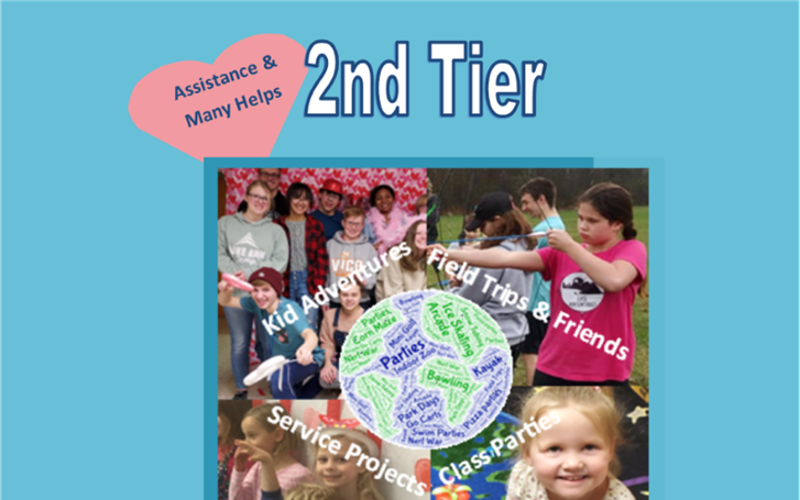 “2nd Tier” poster with children collage and labels for assistant/friend roles and service projects