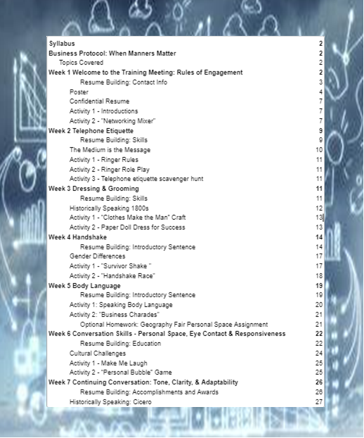 Table of contents page with white text over a blue background of connected icons.