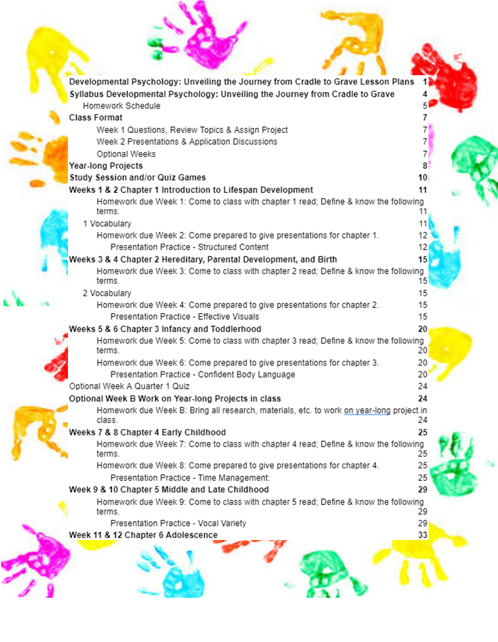 Colorful handprints and footprints framing a centered page of text on a white background