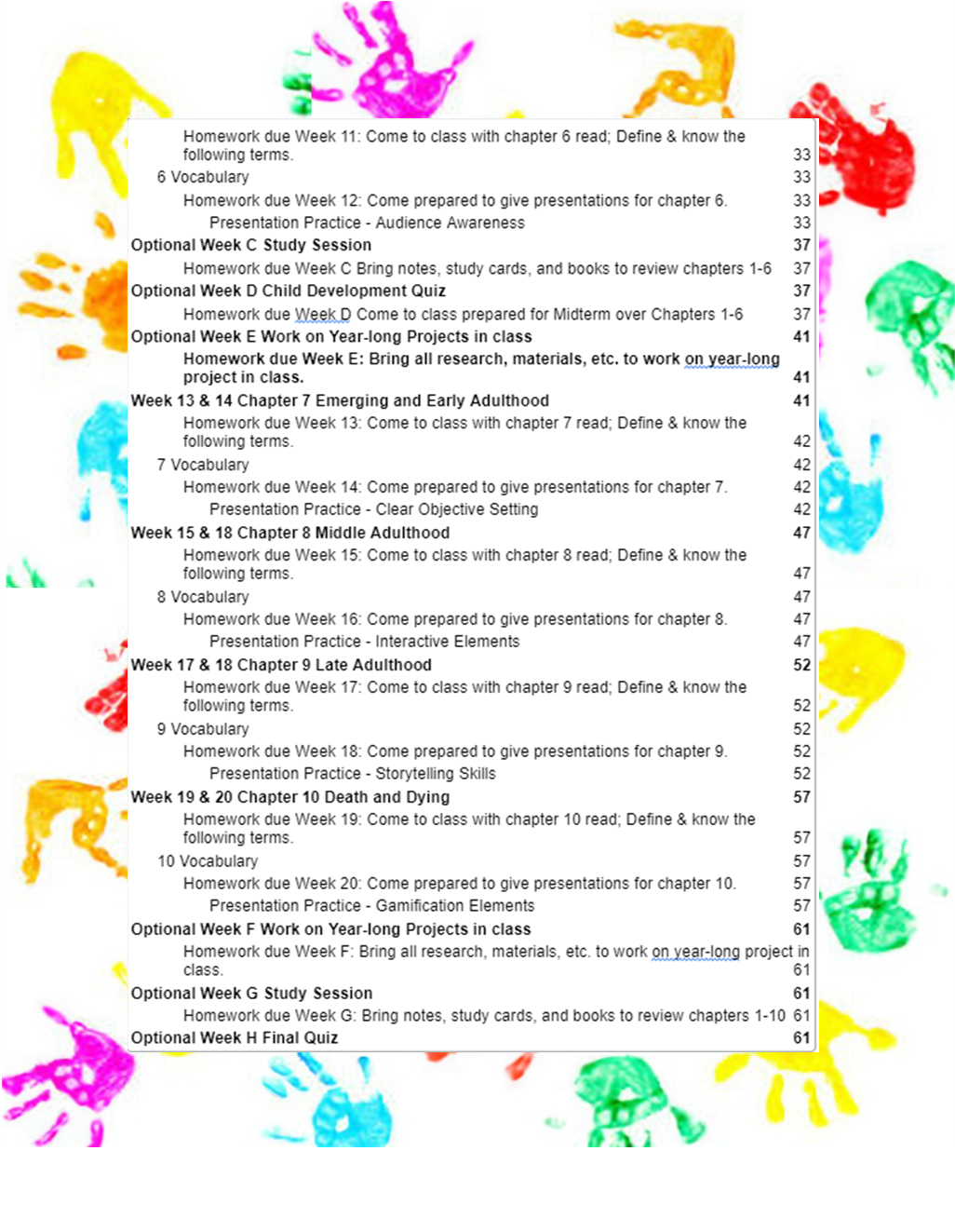 White document page with small text, surrounded by colorful painted handprints on a white background