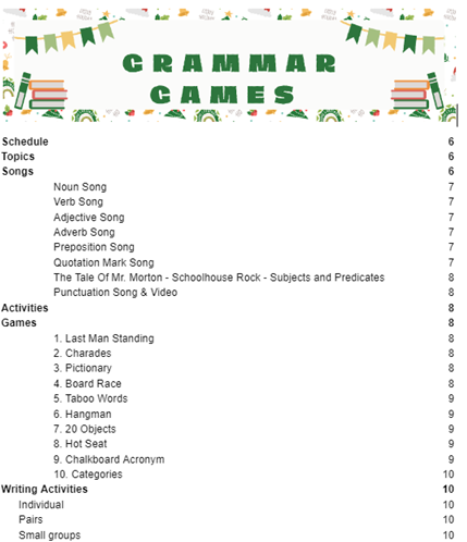Summer camp games schedule with colorful bunting and a list of songs, activities, and writing tasks