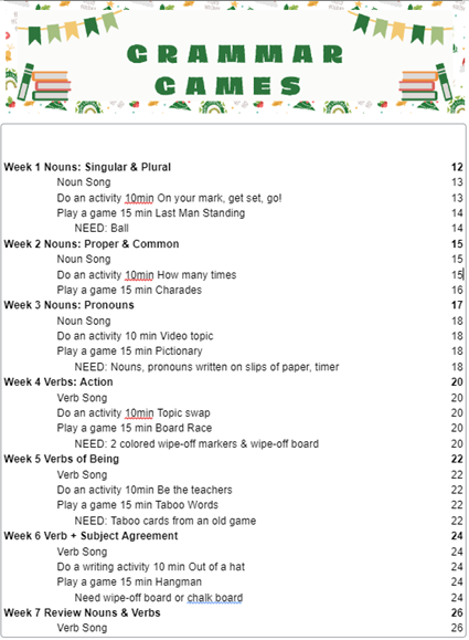 Grammar Games worksheet list with green title banner and multiple weeks of English activities.