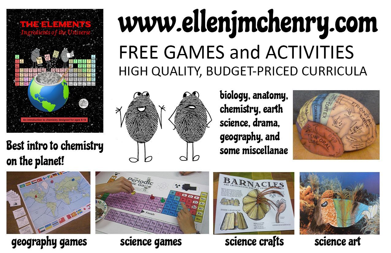 Website banner for ellenjmchenry.com promoting free science games, crafts, and activities for homeschool science