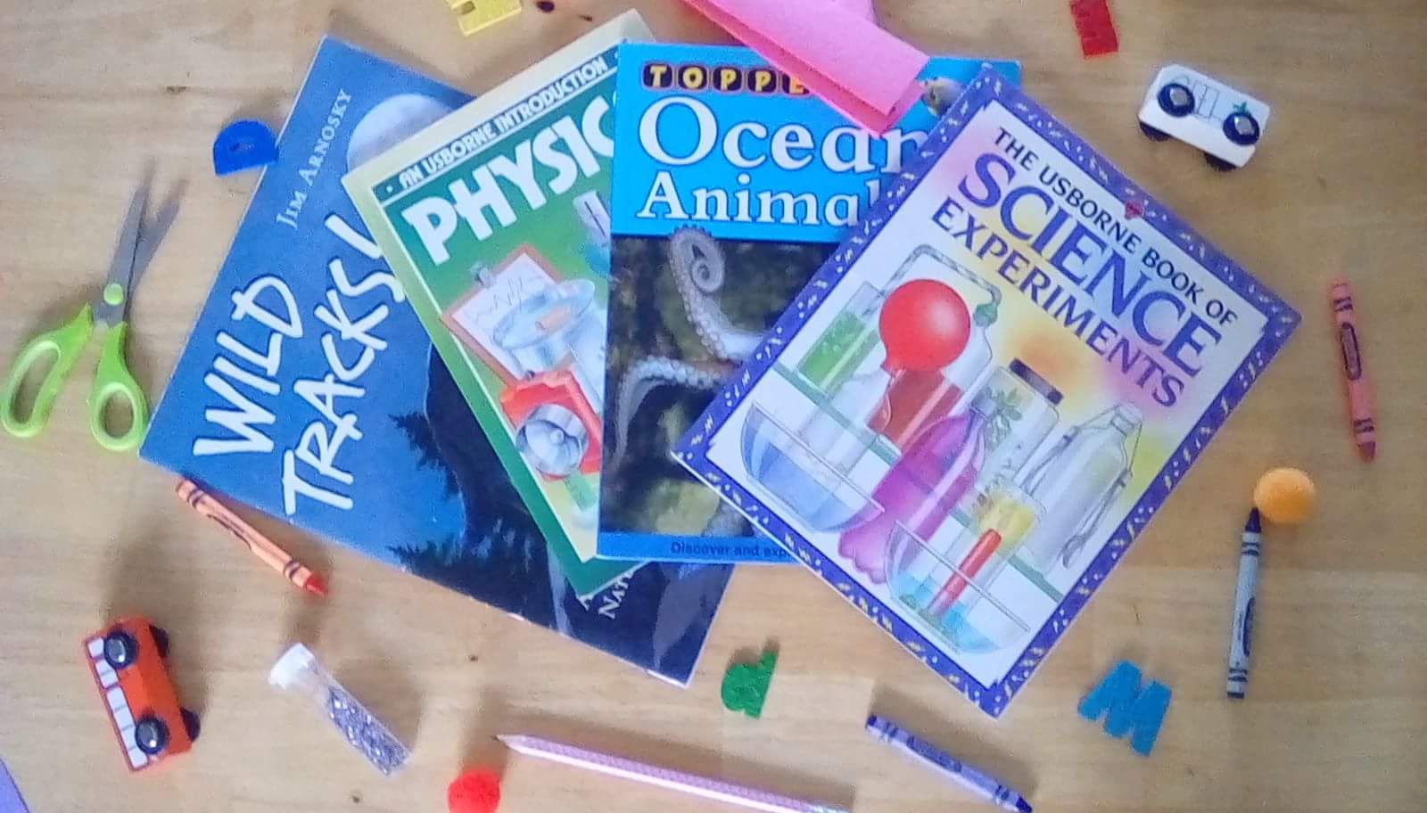 Assorted colorful science activity books and supplies spread on a tabletop