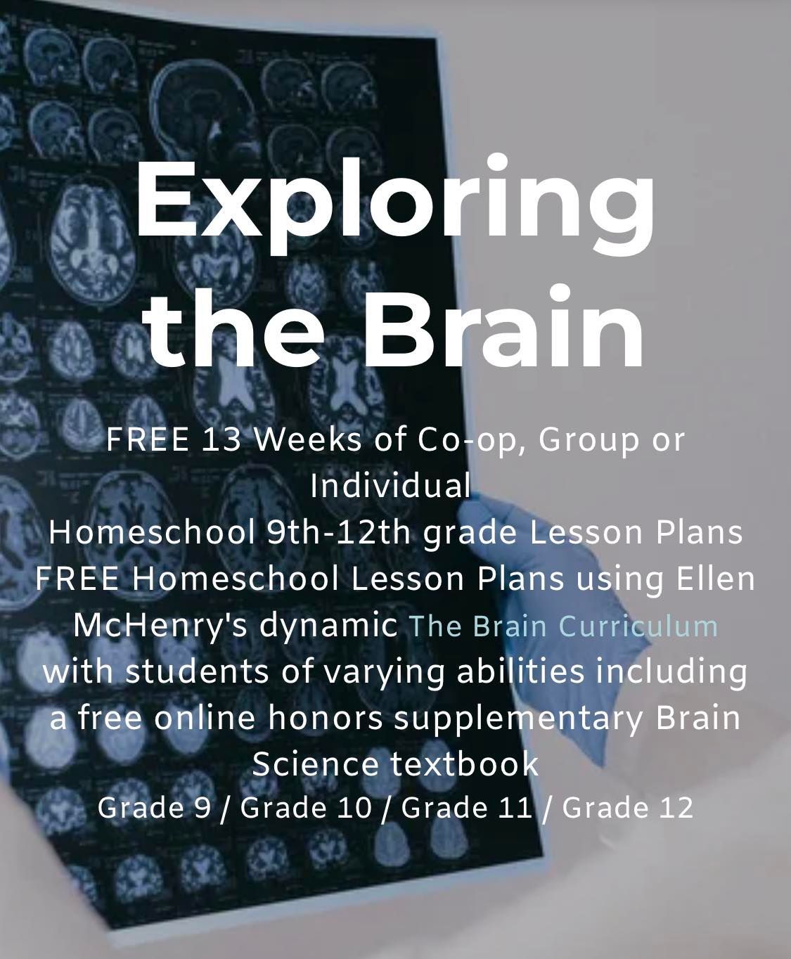 Brain-themed education poster with large title “Exploring the Brain” and white text over MRI scans.