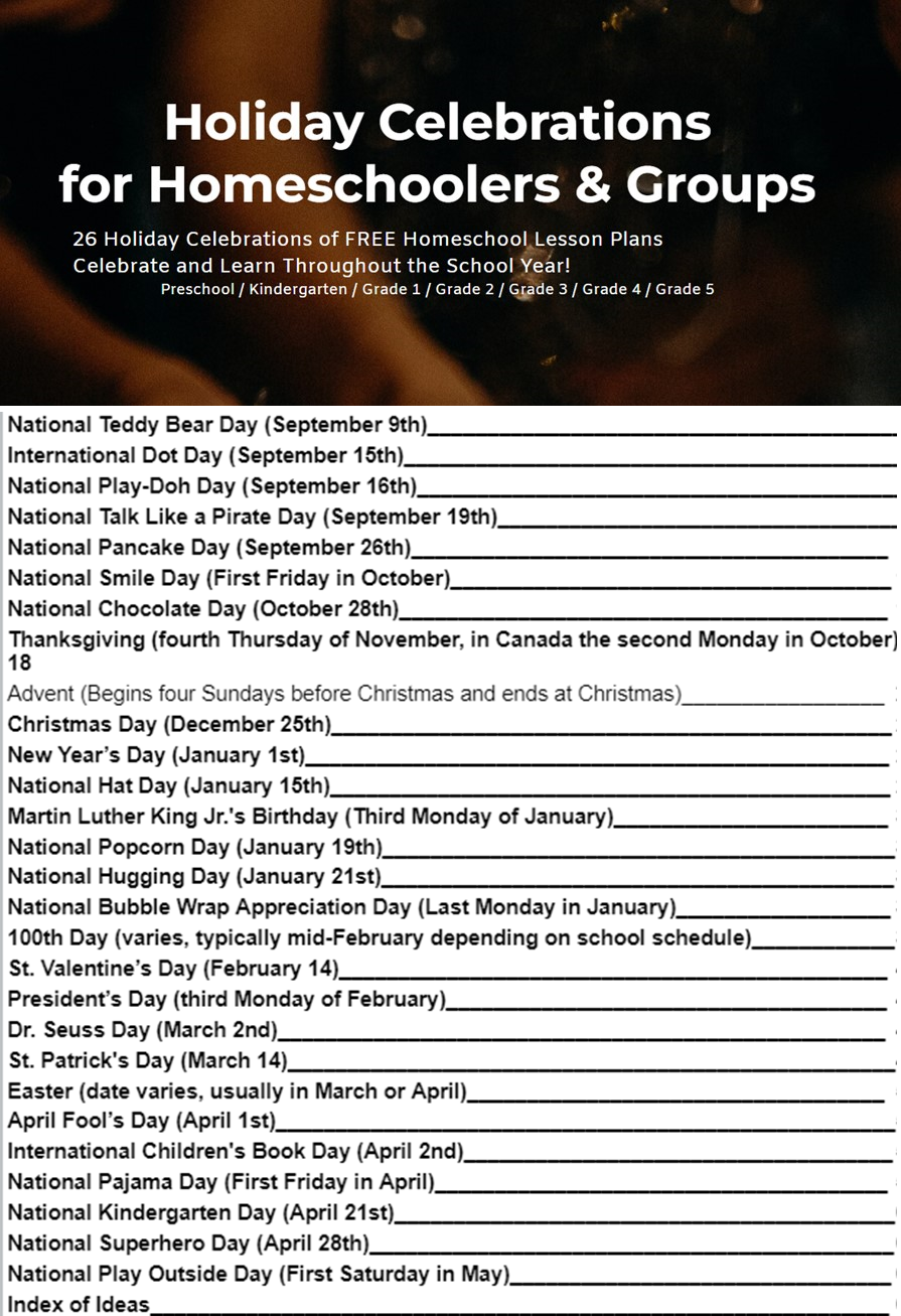 Holiday Celebrations for Homeschoolers & Groups flyer with holiday event list and dates