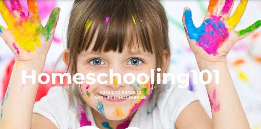 Child with face and hands covered in paint, with “Homeschooling 101” text over a colorful background