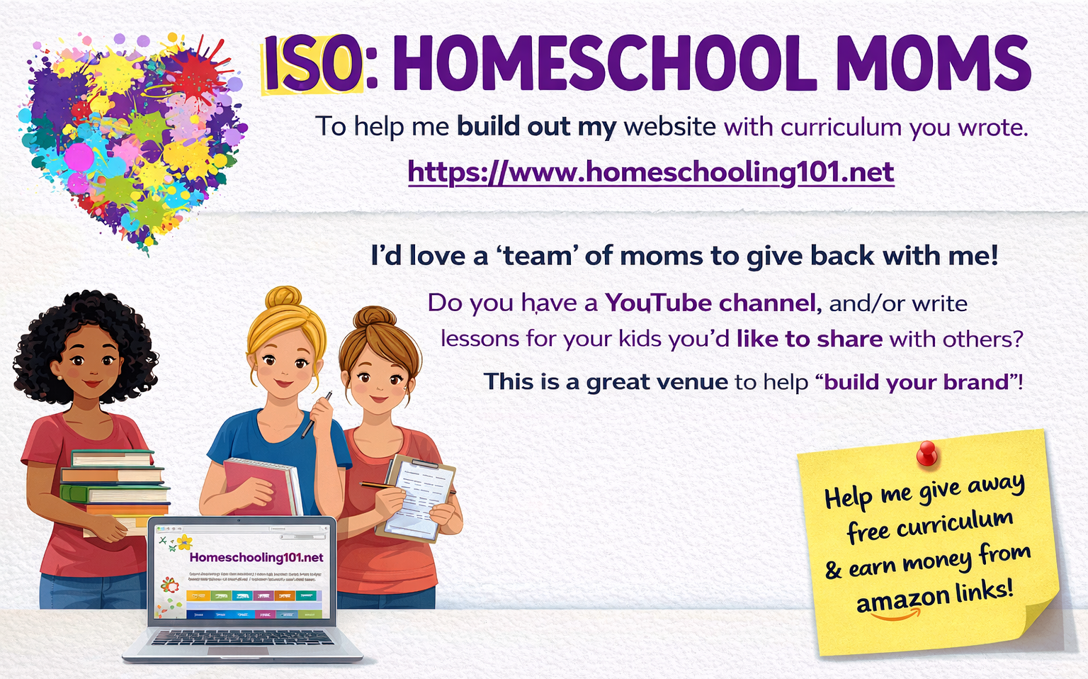 Banner for “ISO: Homeschool Moms” with colorful heart logo, illustrated family, and website link