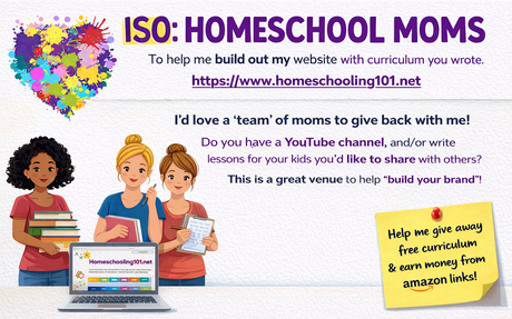 Banner for “ISO: Homeschool Moms” with colorful heart logo, illustrated family, and website link
