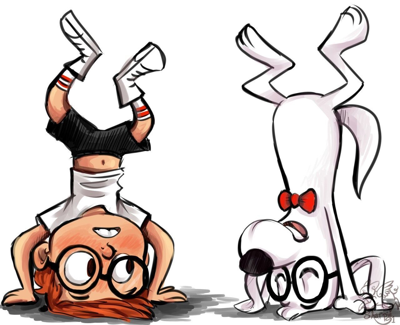 Cartoon of a girl and a dog doing upside-down headstands, both wearing glasses.