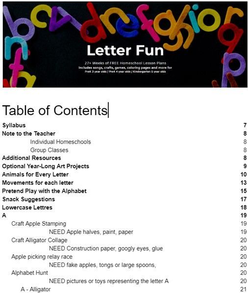 “Letter Fun” table of contents page with colorful alphabet letters on a black background.