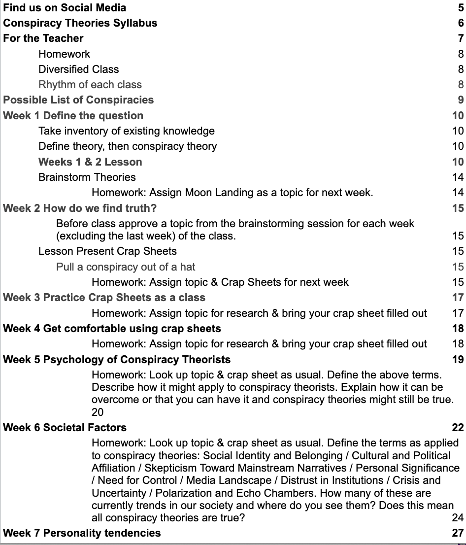 Blurry photo of a white document listing weekly lesson topics and page numbers.