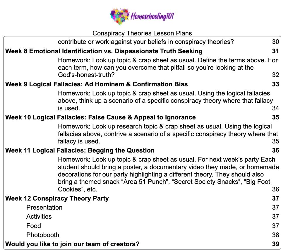 A white page with a purple logo and a weekly list of lecture topics and discussion questions.