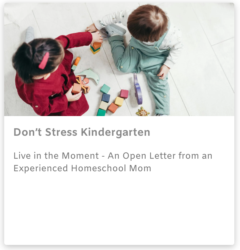 Two children playing with colorful blocks on a white floor beside the title “Don’t Stress Kindergarten”